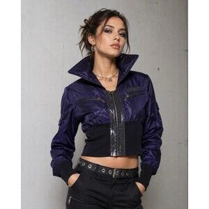 Vintage RUNWAY Paris Women’s S Purple Black Cropped Jacket Y2K Goth Rave